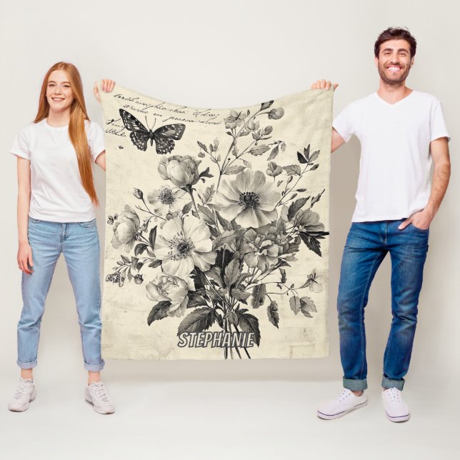 Rustic Flowers and Butterfly - Aged Paper (8) Fleece Blanket (In Situ)