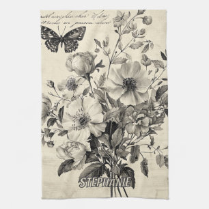 Rustic Flowers and Butterfly - Aged Paper (8) Kitchen Towel