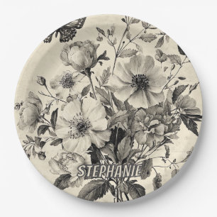 Rustic Flowers and Butterfly - Aged Paper (8) Plates