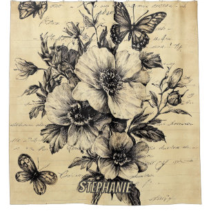 Rustic Flowers and Butterfly - Aged Paper (9) Shower Curtain