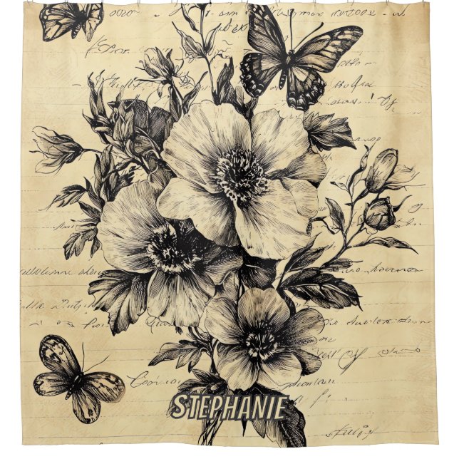 Rustic Flowers and Butterfly - Aged Paper (9) Shower Curtain (Front)