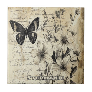 Rustic Flowers and Butterfly - Aged Paper Ceramic Tile