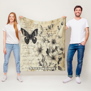 Rustic Flowers and Butterfly - Aged Paper Fleece Blanket