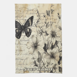 Rustic Flowers and Butterfly - Aged Paper Kitchen Towel