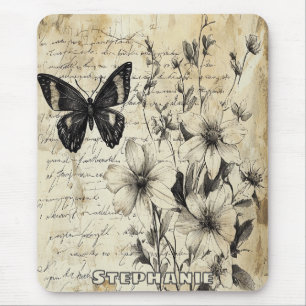 Rustic Flowers and Butterfly - Aged Paper Mouse Pad