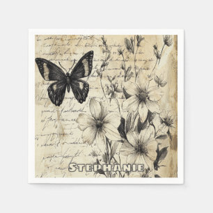 Rustic Flowers and Butterfly - Aged Paper Napkins