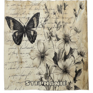 Rustic Flowers and Butterfly - Aged Paper Shower Curtain