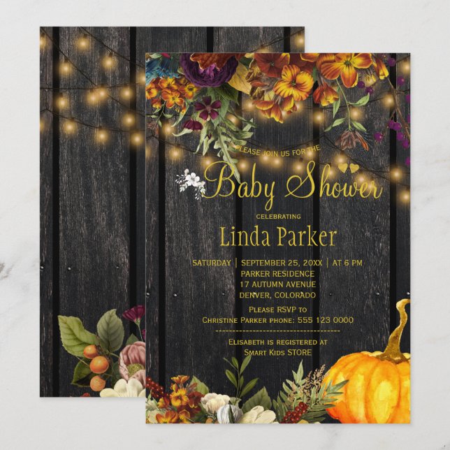 Rustic flowers barn wood autumn fall baby shower invitation (Front/Back)