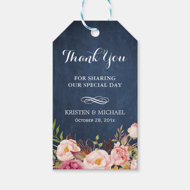 Rustic Flowers Blue Chalkboard Wedding Thank You Gift Tags