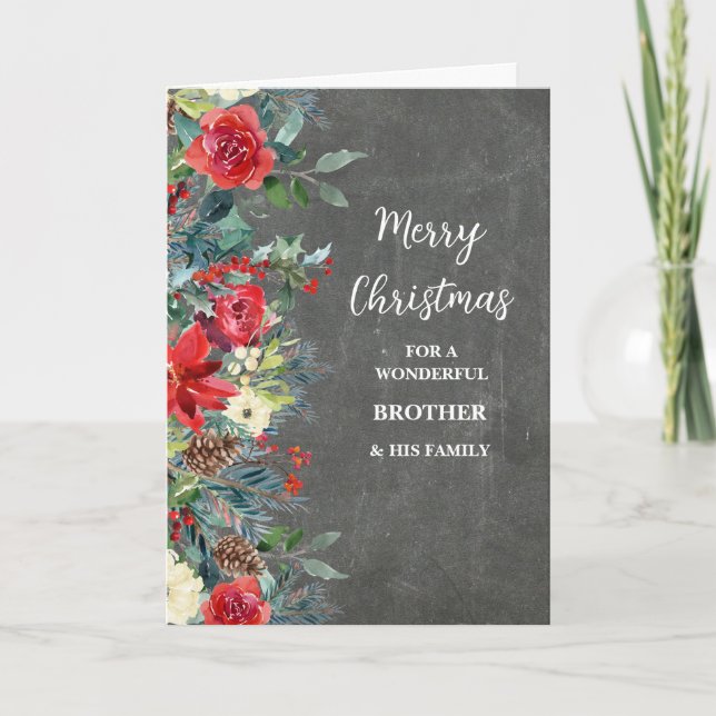 Rustic Flowers Brother & Family Merry Christmas Card (Front)
