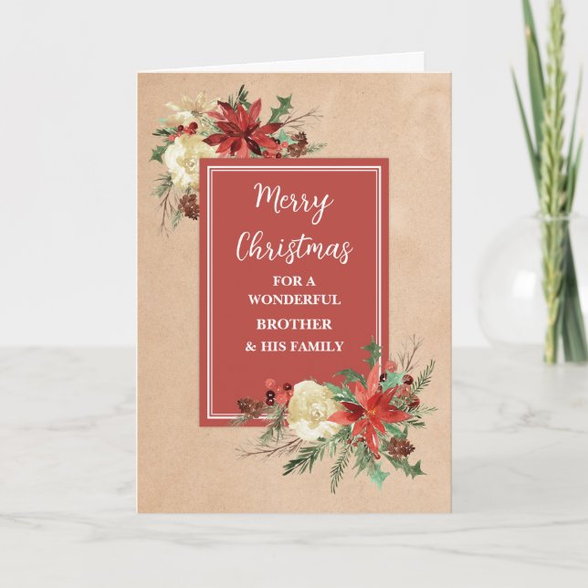 Rustic Flowers Brother & Family Merry Christmas Card (Front)