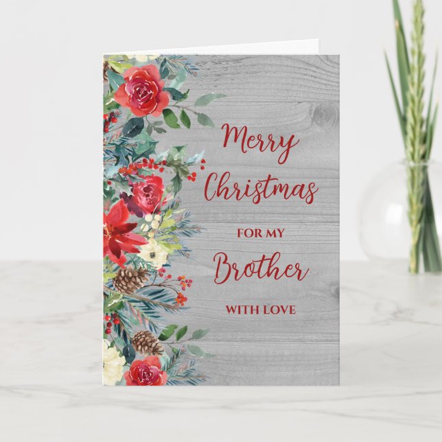 Rustic Flowers Brother Merry Christmas Card (Front)