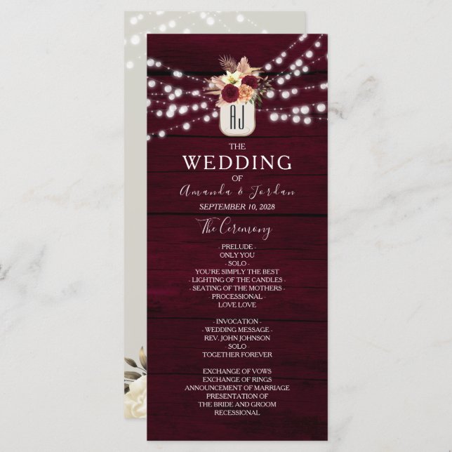 Rustic Flowers Burgundy Wedding Program (Front/Back)