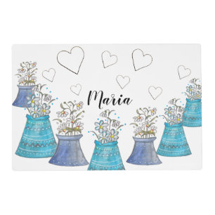 Rustic Flowers Can Watercolor Blue Turquoise Placemat