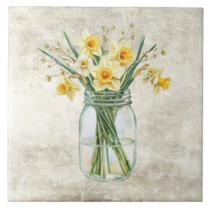 Rustic Flowers Daffodils in Vintage Jar Ceramic Tile