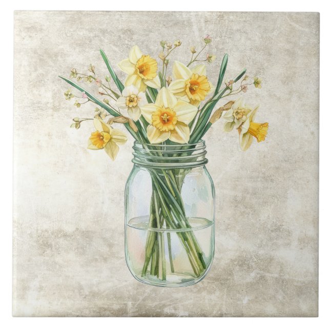 Rustic Flowers Daffodils in Vintage Jar  Ceramic Tile (Front)