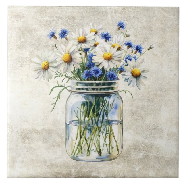 Rustic Flowers Daisies in Vintage Jar  Ceramic Tile (Front)