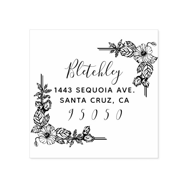 Rustic Flowers & Elegant Script Return Address Rubber Stamp (Imprint)