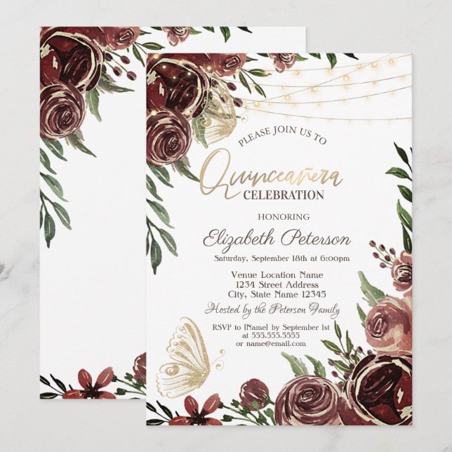 Rustic Flowers Glitter Butterflies  Invitation (Front/Back)