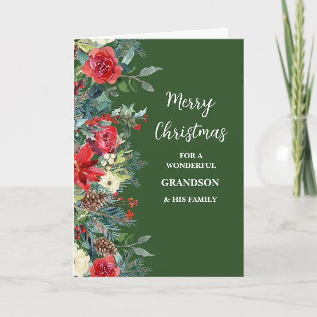 Rustic Flowers Grandson & Family Merry Christmas Card (Front)