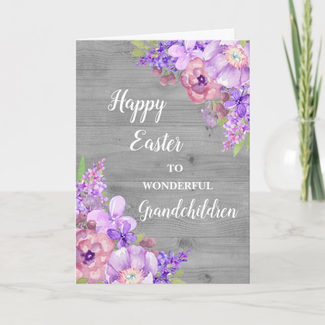 Rustic Flowers Happy Easter Grandchildren Holiday Card (Front)