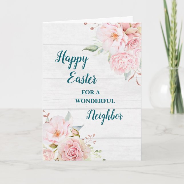 Rustic Flowers Happy Easter Neighbor Holiday Card (Front)