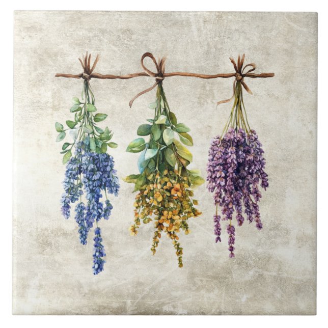 Rustic Flowers Herbs with Twine Design Ceramic Tile (Front)