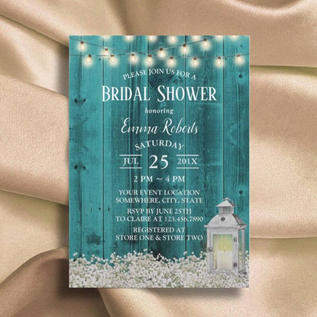 Rustic Flowers & Lantern Teal Barn Bridal Shower Invitation (Creator Uploaded)