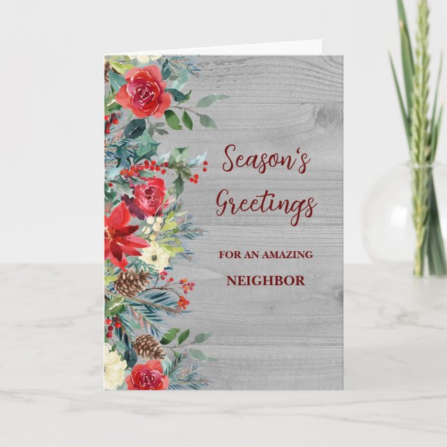 Rustic Flowers Neighbor Christmas Holiday Card (Front)