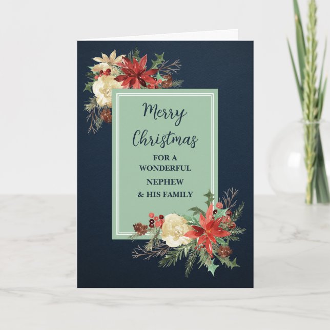 Rustic Flowers Nephew & Family Merry Christmas Card (Front)