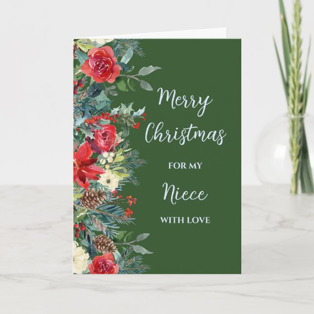 Rustic Flowers Niece Merry Christmas Card (Front)