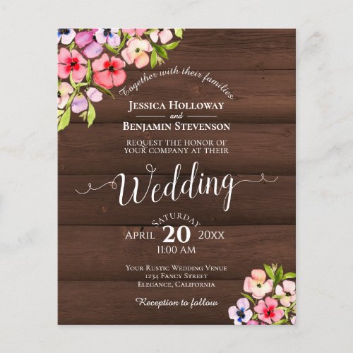Rustic Flowers on Wood BUDGET Wedding Invitation