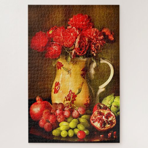 Rustic Flowers Pomegranate Grapes Fruit Jigsaw Puzzle