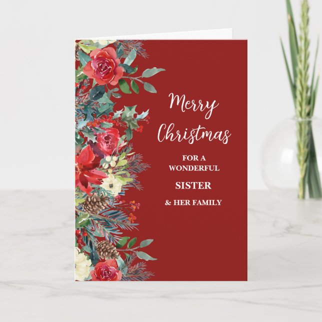 Rustic Flowers Sister & Family Merry Christmas Card (Front)