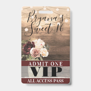 Rustic Flowers & String Lights Sweet 16 VIP Pass Badge