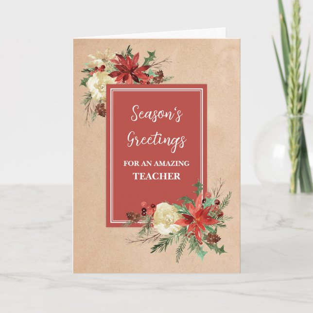 Rustic Flowers Teacher Christmas Holiday Card (Front)