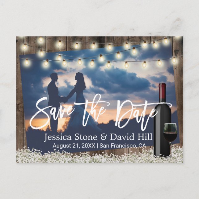 Rustic Flowers Wine Wedding Photo Save the Date Announcement Postcard (Front)