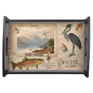 Rustic Fly Fishing Lake Lodge Vintage Trout Fish Serving Tray