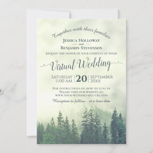 Rustic Foggy Green Pine Forest Virtual Wedding Invitation