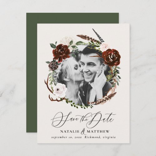 Rustic foliage and antler save the date announceme announcement