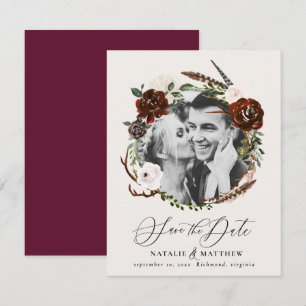 Rustic foliage and antler save the date announceme announcement