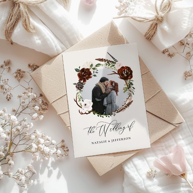 Rustic foliage and antler save the date announcement (Creator Uploaded)