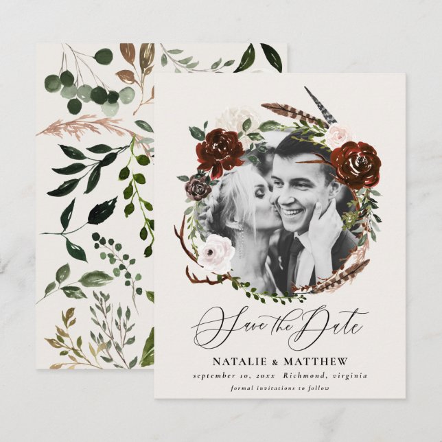 Rustic foliage and antler save the date announcement (Front/Back)