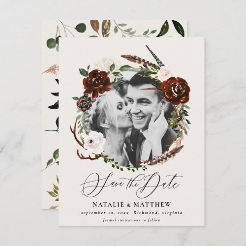 Rustic foliage and antler save the date announcement