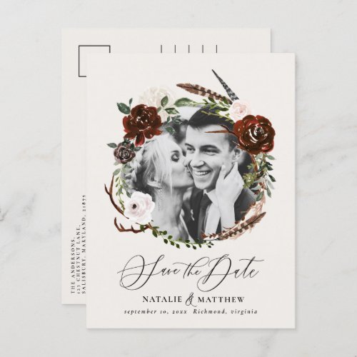 Rustic foliage and antler save the date announcement postcard