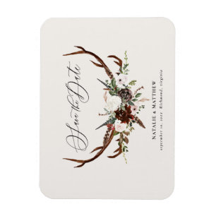 Rustic foliage and antler save the date magnet