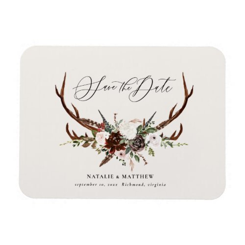 Rustic foliage and antler save the date magnet