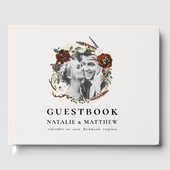 Rustic foliage and antler wedding guest book (Front)