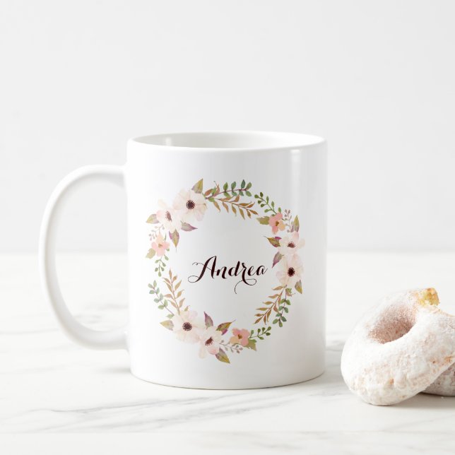 Rustic Foliage and Floral Wreath Personalized Mug (With Donut)