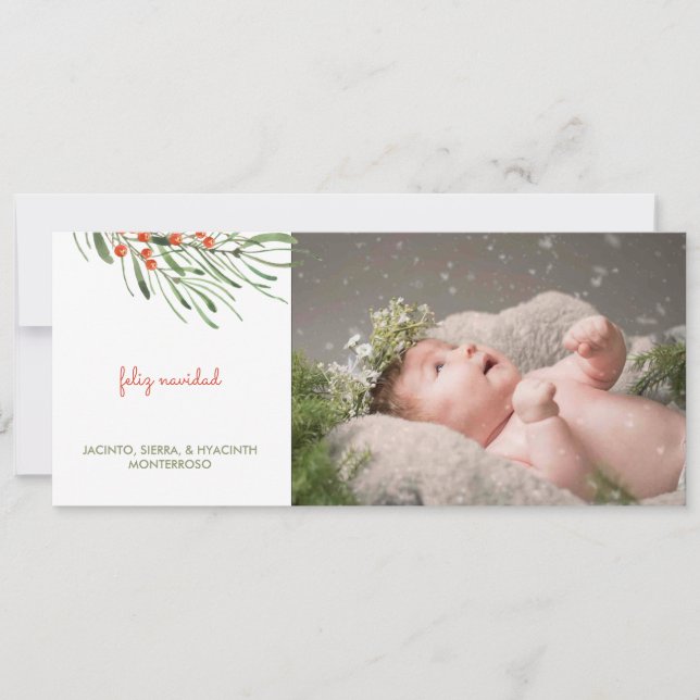 Rustic Foliage Berries Feliz Navidad Christmas Holiday Card (Front)